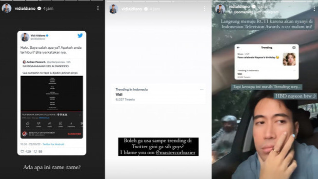 Vidi Aldiano menyalahkan Deddy Corbuzier karena dirinya trending Twitter. (Foto: Tangkapan layar)