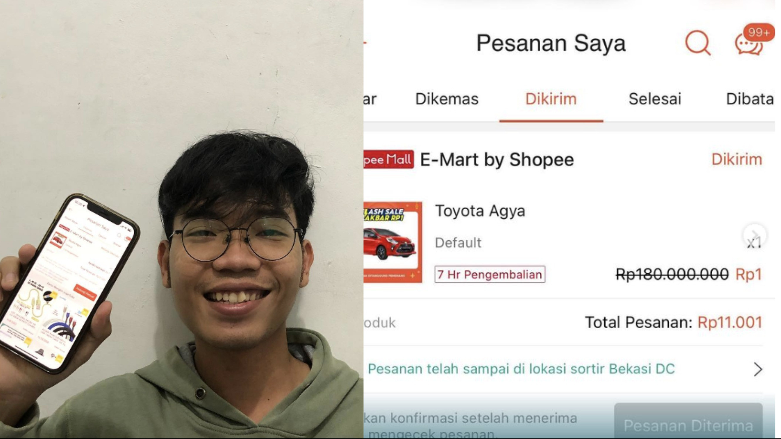 Ketiban Durian Runtuh, Viral Pria Asal Cimahi 'Hoki' Check Out Mobil dengan Harga Rp11 Ribu dari Flash Sale Shopee
            - galeri foto
