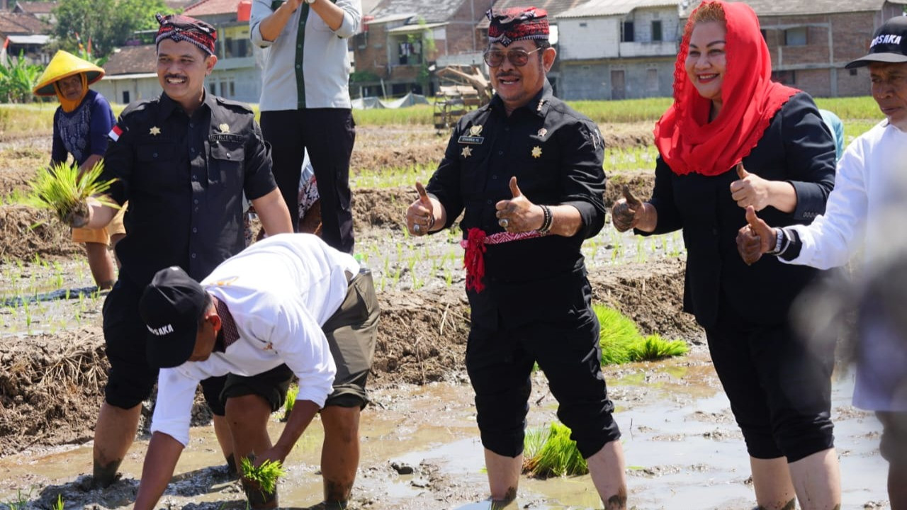 Menteri Pertanian Syahrul Yasin Limpo (Mentan SYL) menggelar panen dan tanam padi di Kelurahan Tambangan, Kecamatan Mijen, Kota Semarang, Jawa Tengah.