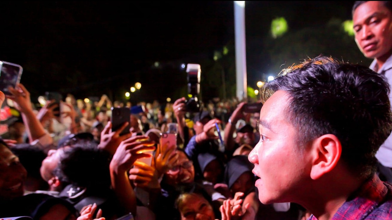 Gibran Rakabuming Raka hadiri kegiatan deklarasi Indonesia Memanggil Gibran di Taman Tugu Proklamasi, Menteng, Jakarta Pusat pada Sabtu (21/10/2023).