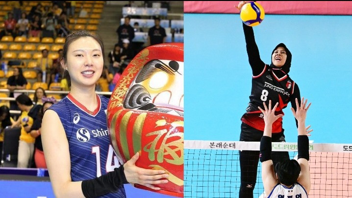 Yang Hyo-jin dan Megawati Hangestri saat melepaskan spike keras.