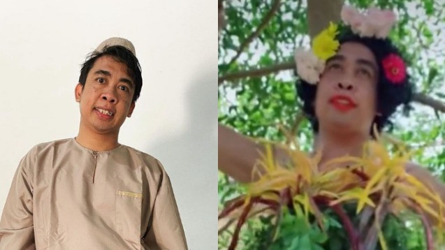 Mimi Peri saat menggunakan baju koko (kiri) dan memakai pakaian dari daun (kanan). Sumber: Instagram