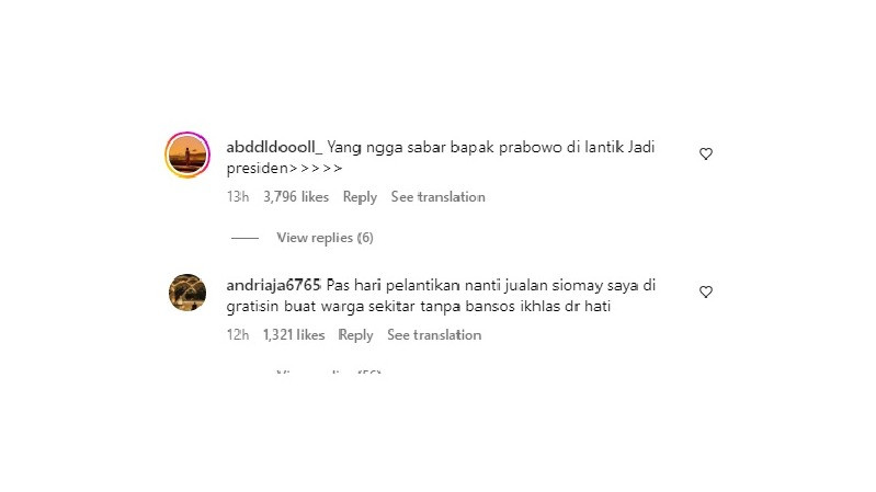 Tangkapan layar komen di Instagram @prabowo