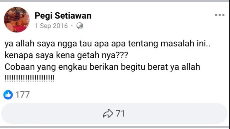 Status Facebook Pegi Setiawan, tersangka kasus pembunuhan Vina dan Eky