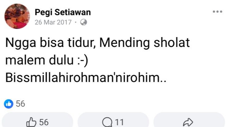 Status Facebook Pegi Setiawan tersangka pembunuhan Vina dan Eky