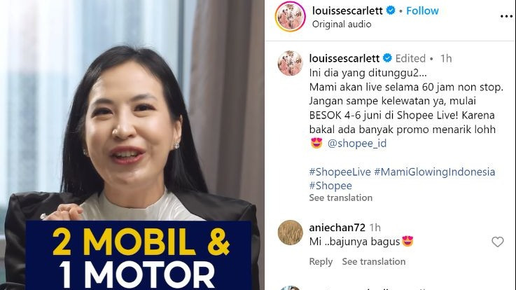 Influencer ternama, Louisse Scarlett alias Mami Louisse, kembali meramaikan sesi live shopping di Shopee Live dengan mengadakan live streaming selama lebih dari 60 jam