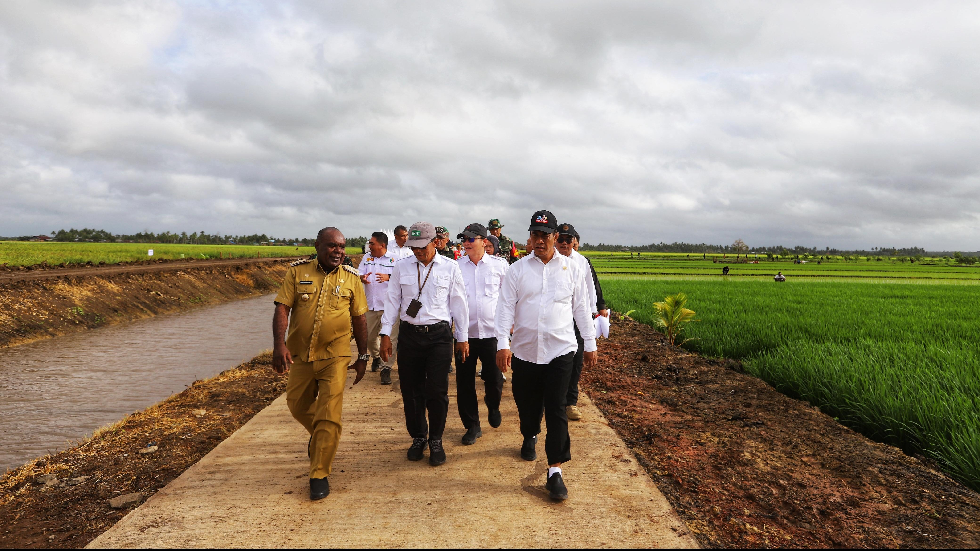 Presiden Joko Widodo (Jokowi) bersama Menteri Pertanian Andi Amran Sulaiman (Mentan Amran) mengunjungi lahan pertanian modern di Distrik Kurik, Kabupaten Merauke, Selasa (23/7/2024).