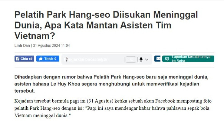 Mantan Pelatih Vietnam, Park Hang-seo Dikabarkan Meninggal Dunia