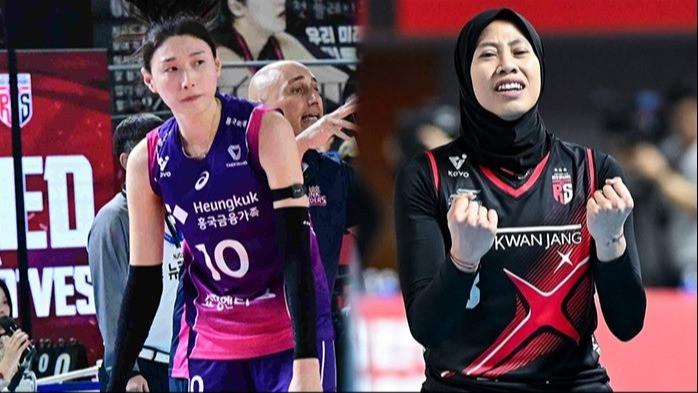 Duel sengit Kim Yeon-koung vs Megawati Hangestri dalam pertandingan final Liga Voli Korea Pink Spiders vs Red Sparks.