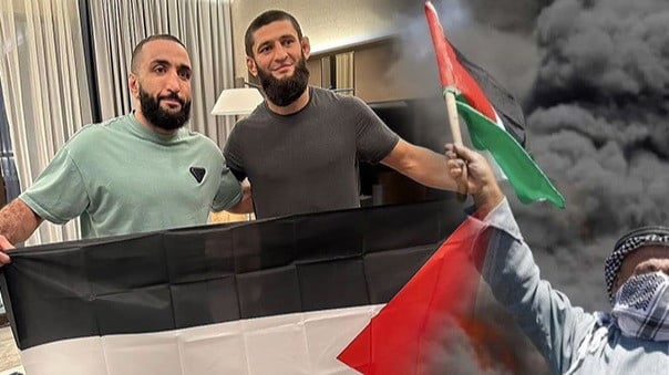 Belal Muhammad dan Khamzat Chimaev memegang bendera Palestina.