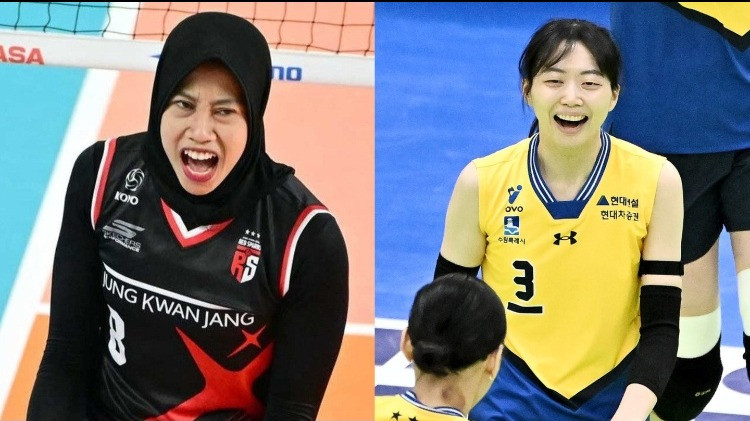 Megawati Hangestri dan rekan setimnya di Hyundai Hillstate, Kim Da-in.