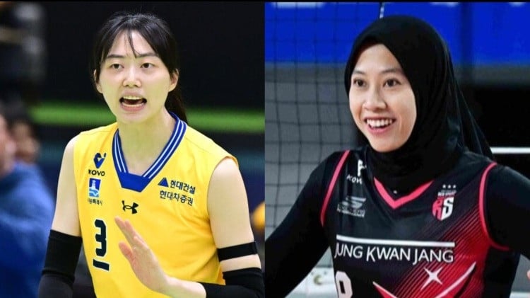 Setter Hyundai Hillstate, Kim Da-in (kiri) dan Megawati Hangestri saat berseragam Red Sparks (kanan).