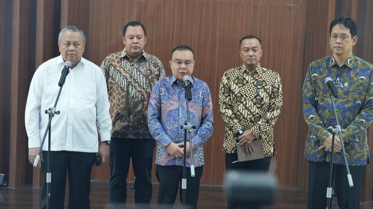 Gubernur BI, Menkeu, Wakil Ketua DPR Dasco dan Mensesneg gelar pertemuan di Gedung DPR, Jakarta Pusat, Sabtu (6/6/2026).