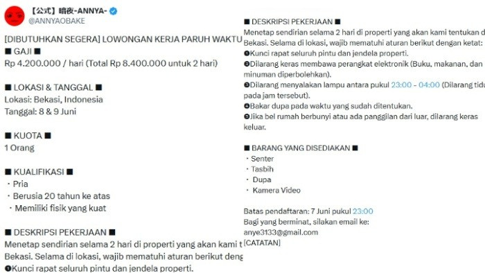 Lowongan kerja (Loker) uji nyali di rumah angker Bekasi viral