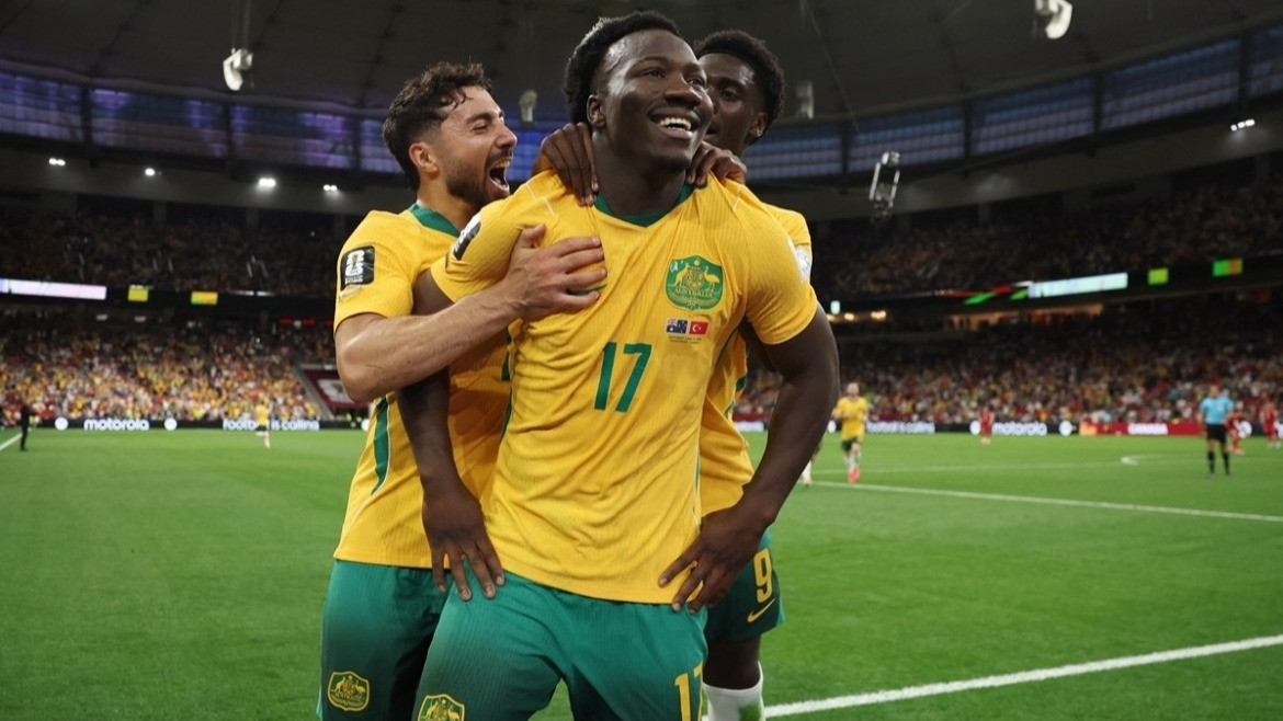 Pemain Australia, Nestory Irankunda (tengah) saat Cetak Gol ke Gawang Turki di Piala Dunia 2026