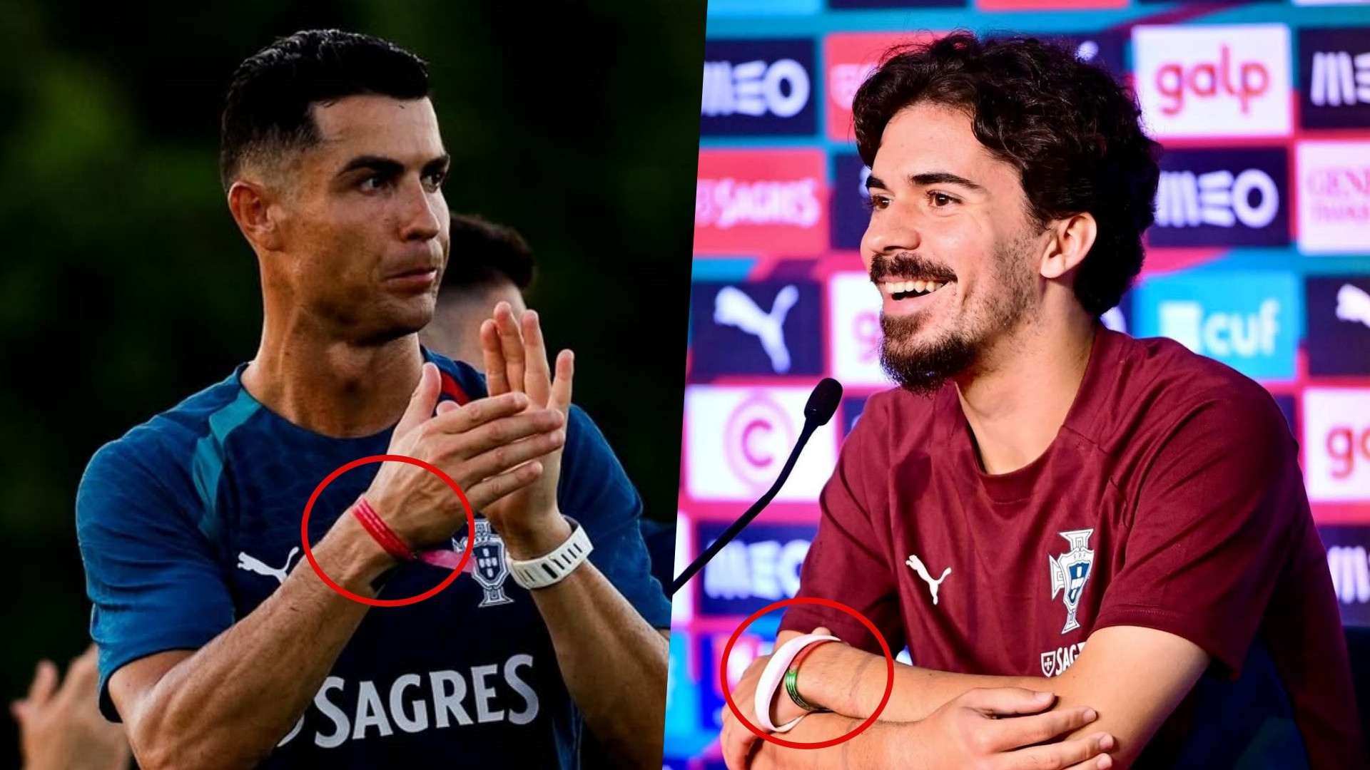 Dua pemain Timnas Portugal, Cristiano Ronaldo (kiri) dan Vitinha (kanan) mengenakan gelang spesial di Piala Dunia 2026