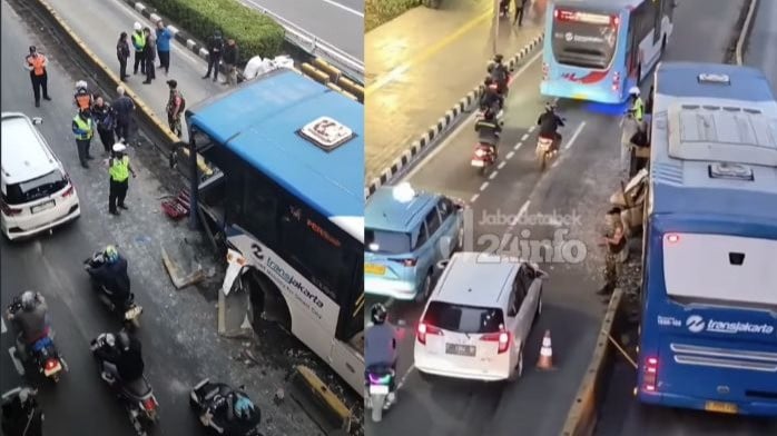 Bus Transjakarta menabrak pembatas jalan di depan Halte Cikoko, Pancoran