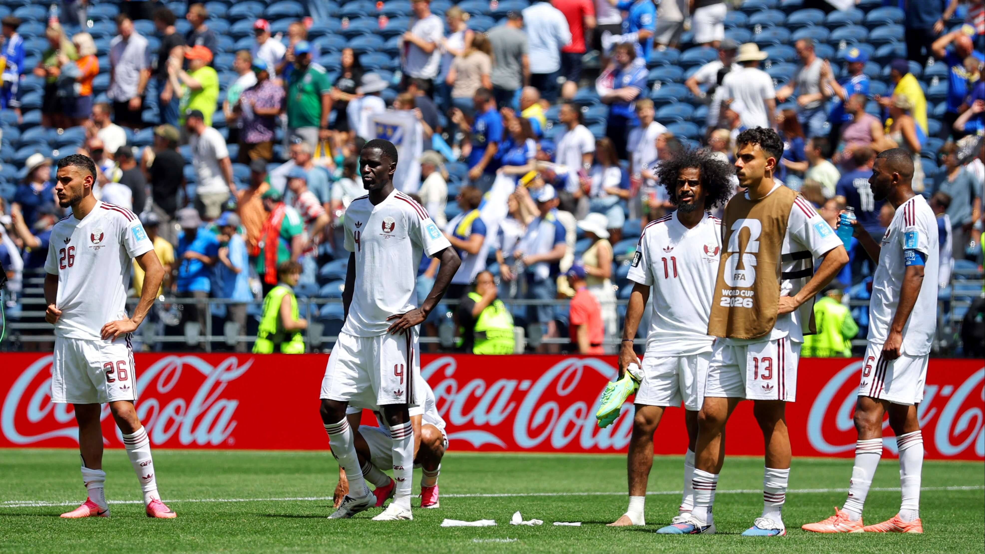 Mohamed Manai, Issa Laye Akram Afif, Ayoub Aloui, dan Abdulaziz Hatem dalam laga Bosnia dan Herzegovina vs Qatar di Piala Dunia 2026