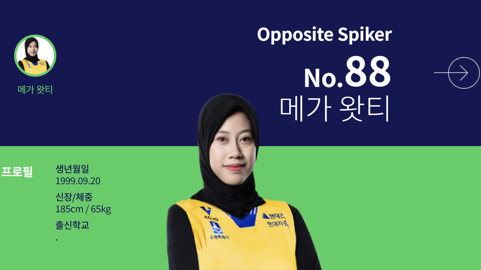 Profile Megawati Hangestri di Website Hyundai Hillstate