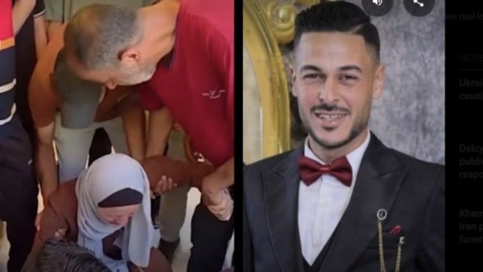 Istri Kiper Timnas Palestina Saleem Al-Ashqar yang sedang hamil anak pertama menangisi kepergian suaminya