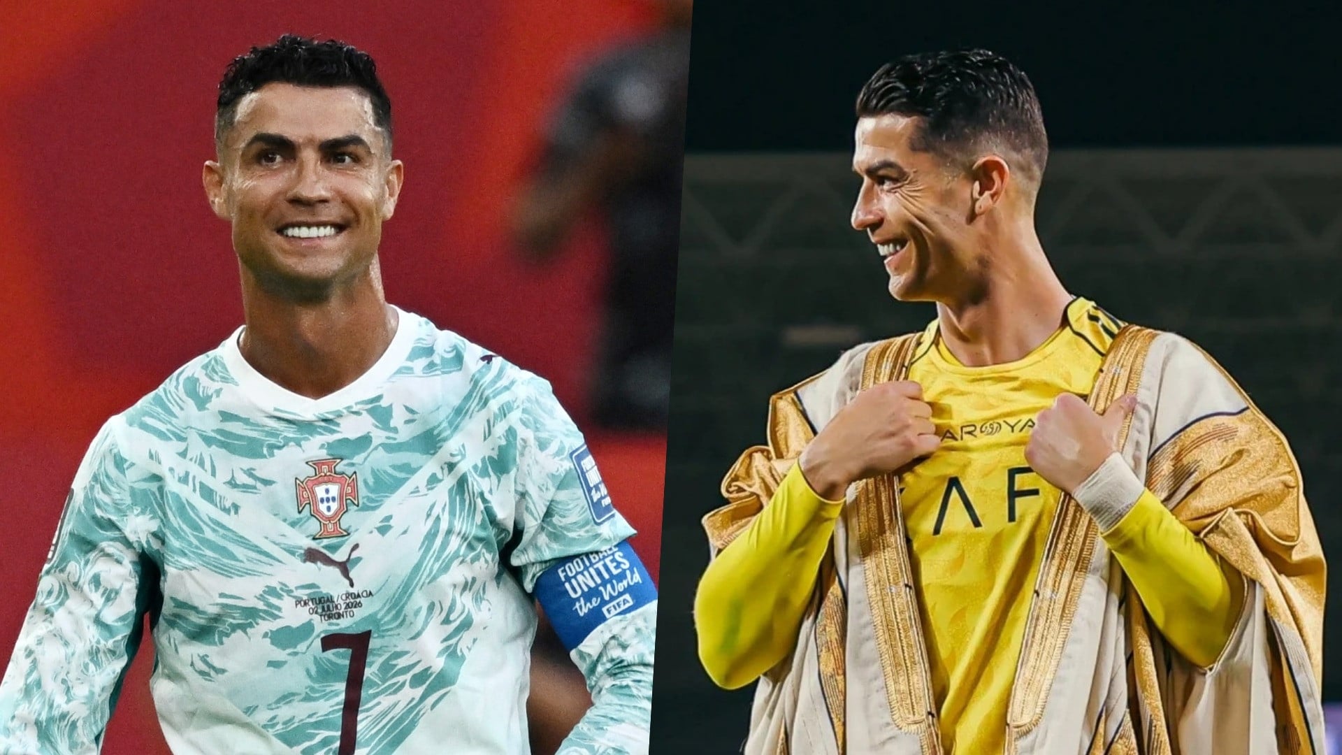Cristiano Ronaldo dalam laga Portugal vs Kroasia di Piala Dunia 2026 (kiri) dan saat membela Al Nassr di Liga Pro Saudi 2025/2026 (kanan)