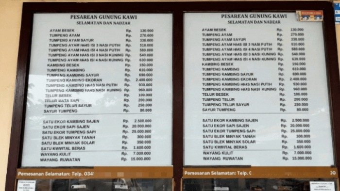 Daftar harga layanan di kawasan Pesarean Gunung Kawi, Malang, Jawa Timur yang viral di media sosial