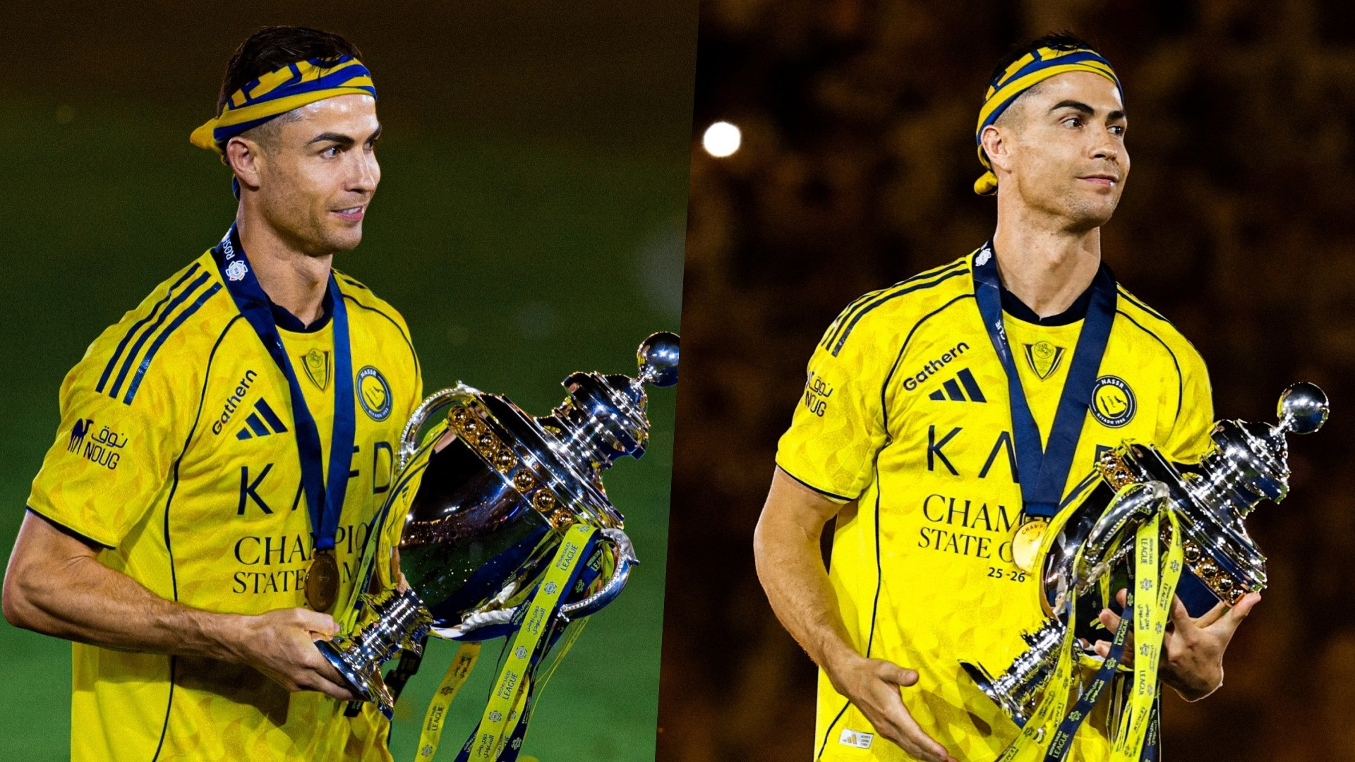 Cristiano Ronaldo saat memegang trofi Liga Pro Saudi 2025/2026