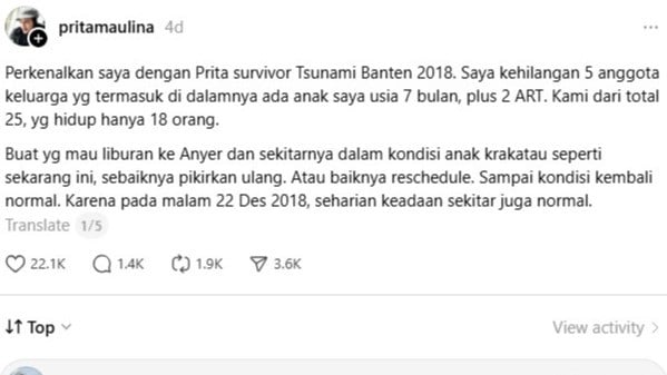 Unggahan seorang survivor Tsunami Banten-Lampung 2018 akibat letusan Gunung Anak Krakatau viral