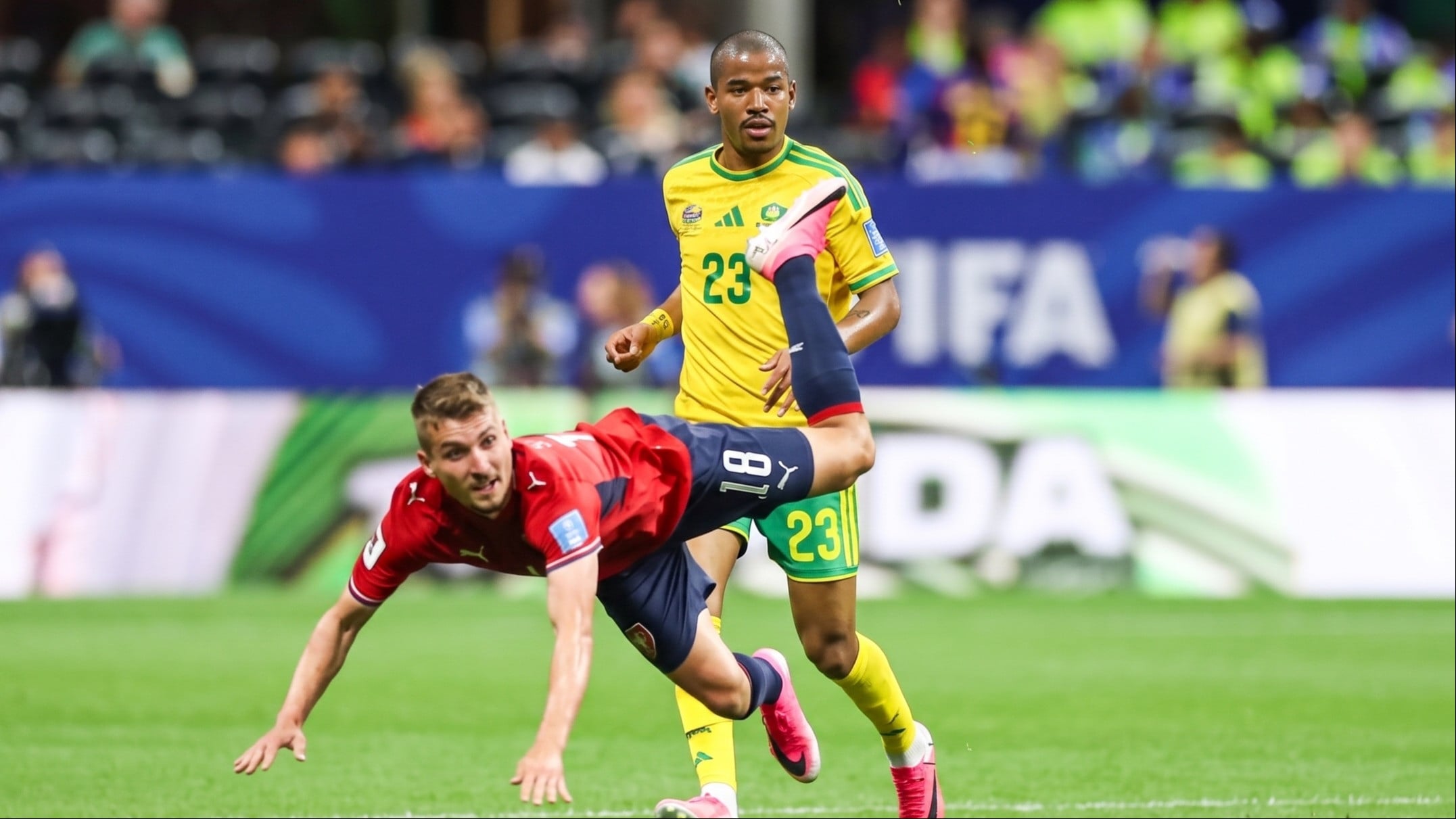 Jayden Adams (nomor dada 23), pemain Timnas Afrika Selatan saat tampil di Piala Dunia 2026 sebelum ditemukan meninggal dunia.