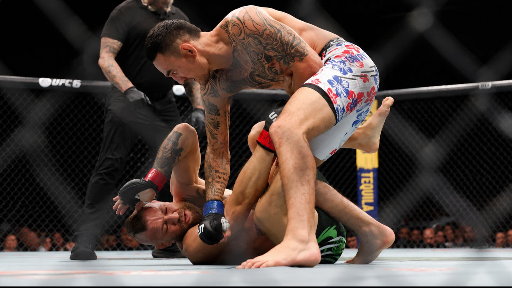 Max Holloway saat menghajar Conor McGregor di UFC 329.