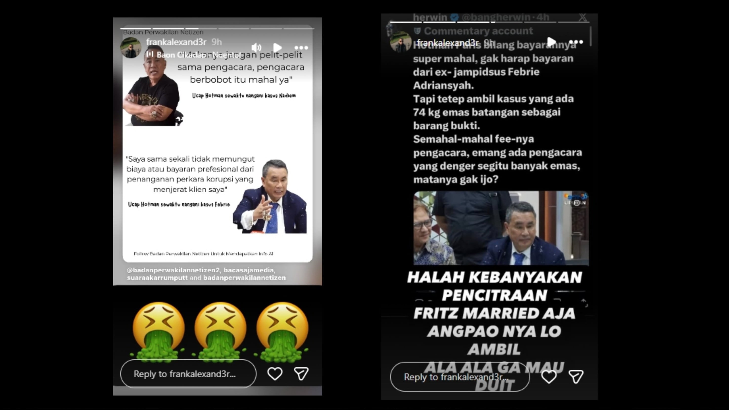 Putra sulung Hotman Paris, Frank Alexander, mengungkapkan kekecewaan dengan ayahnya yang jadi pengacara Febrie Adriansyah