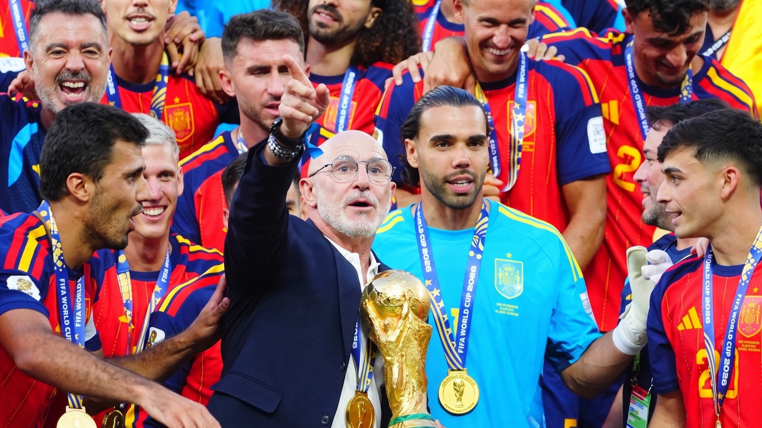 Pelatih Timnas Spanyol, Luis de la Fuente, saat memegang trofi Piala Dunia 2026