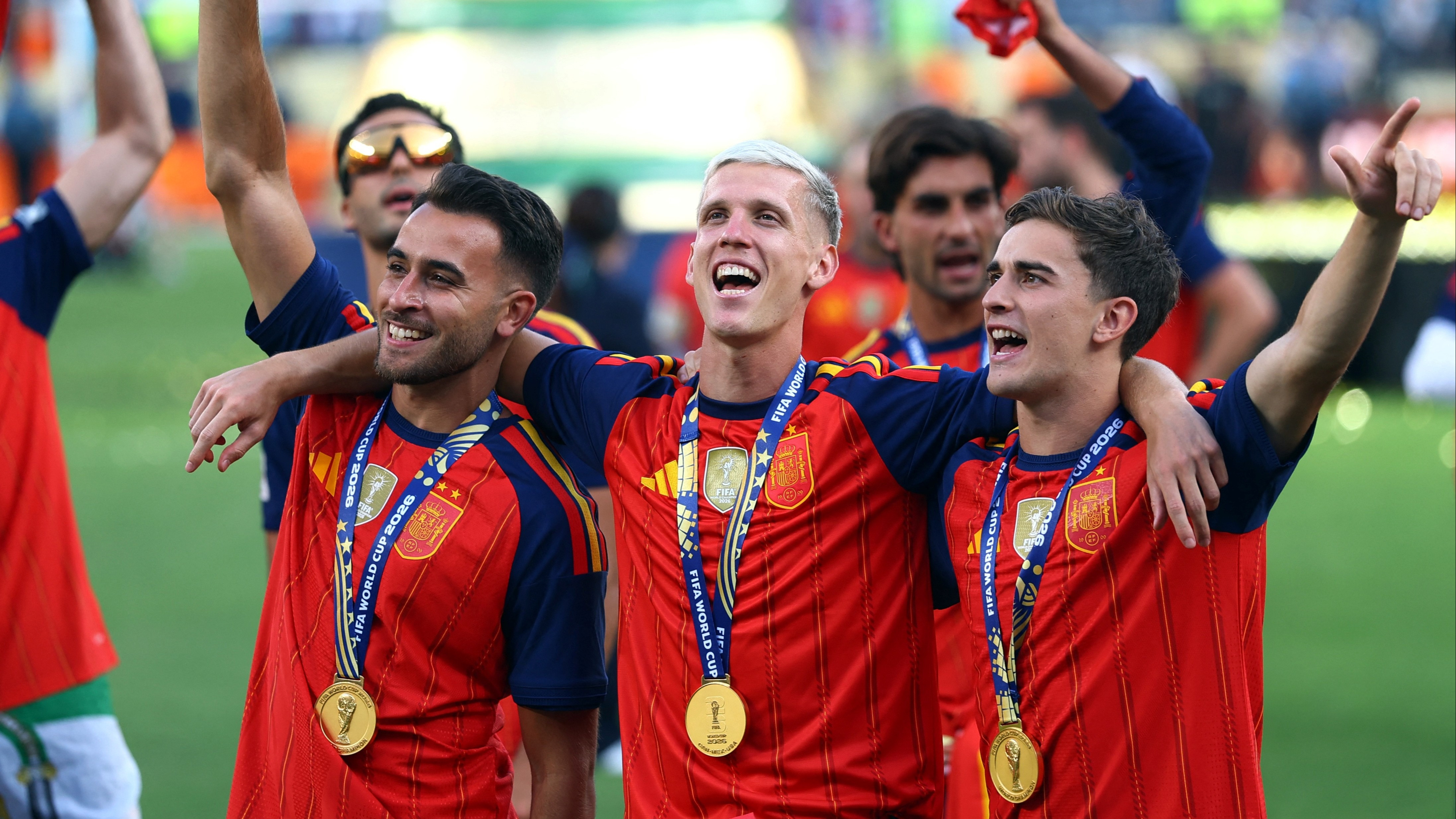 Eric Garcia, Dani Olmo, dan Gavi merayakan kemenangan Timnas Spanyol di Piala Dunia 2026