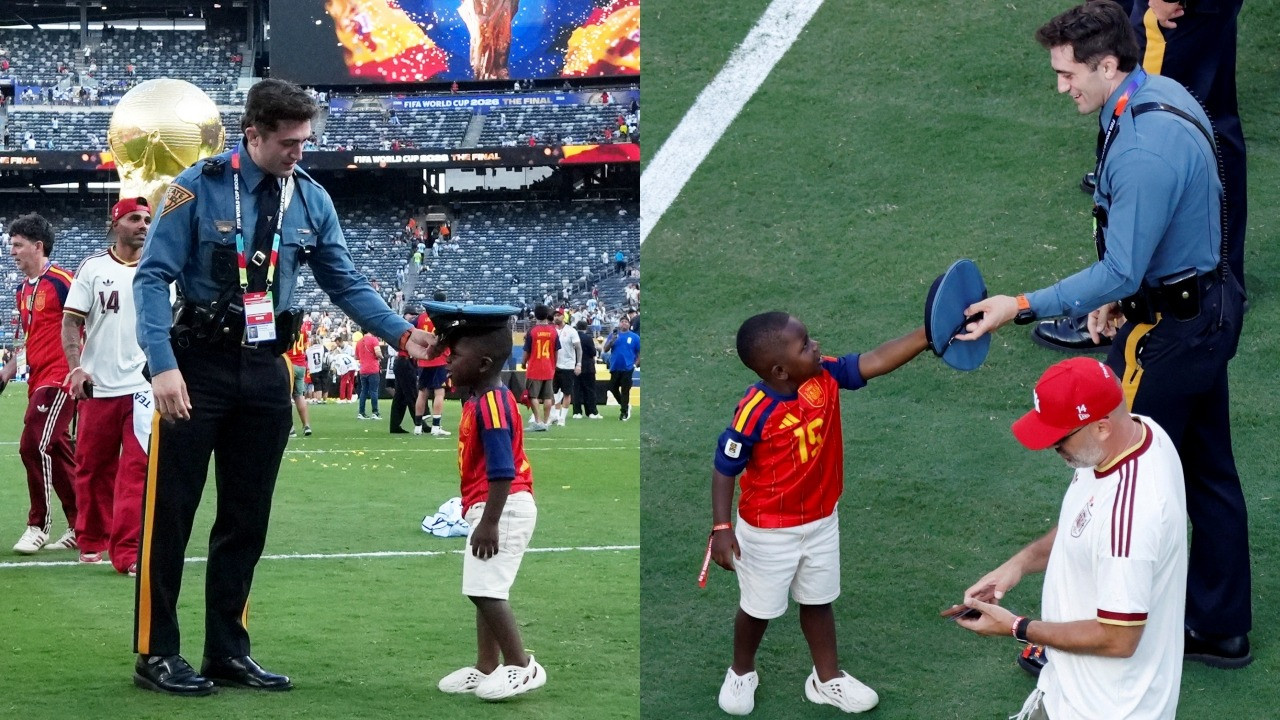 Adik Lamine Yamal, Keyne, saat berinteraksi dengan petugas kepolisian usai laga final Piala Dunia 2026 antara Spanyol vs Argentina.
