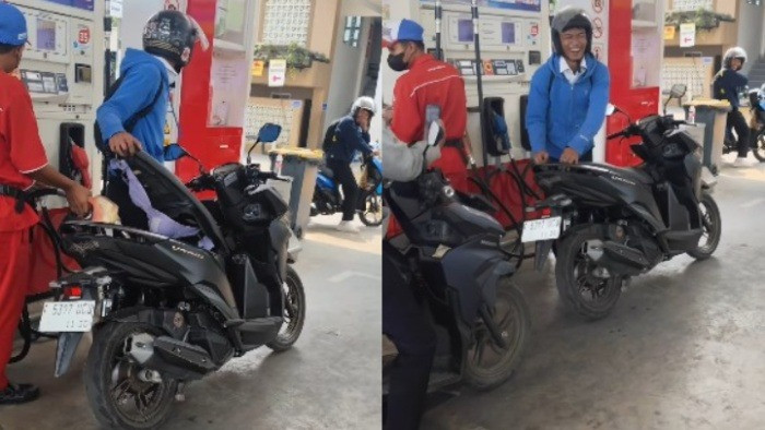 Video viral pengendara motor salah tingkah usai melihat pakaian dalam di bawah jok hendak mengisi BBM di SPBU