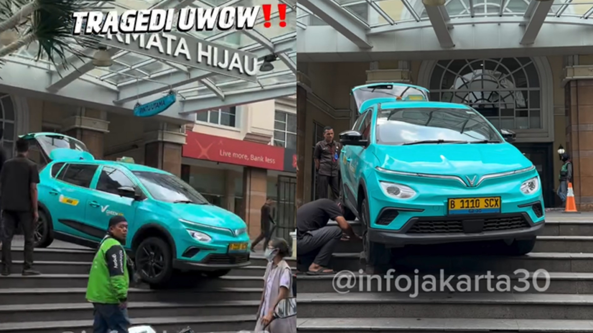 Taksi Green SM nyangkut di tangga pejalan kaki ITC Permata Hijau