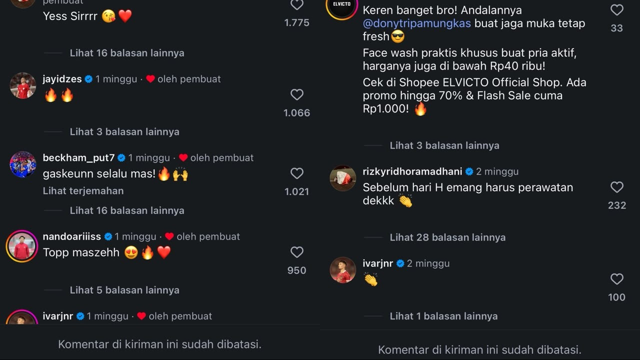 Nadeo Argawinata dan Dony Tri Pamungkas batasi kolom komentar Instagram usai laga lawan Vietnam
