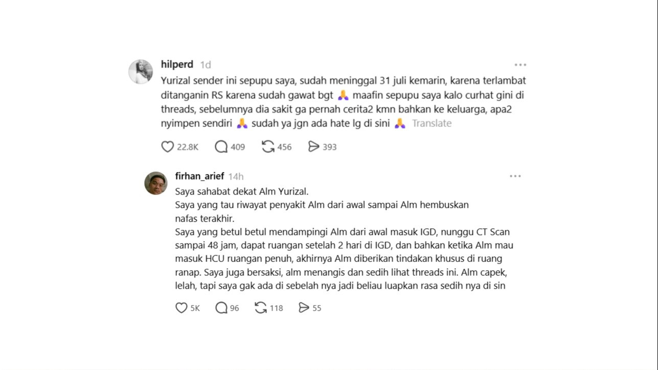 Keterangan sepupu dan sahabat dekat Yurizal di kolom komentar unggahan almarhum di media sosial Threads.