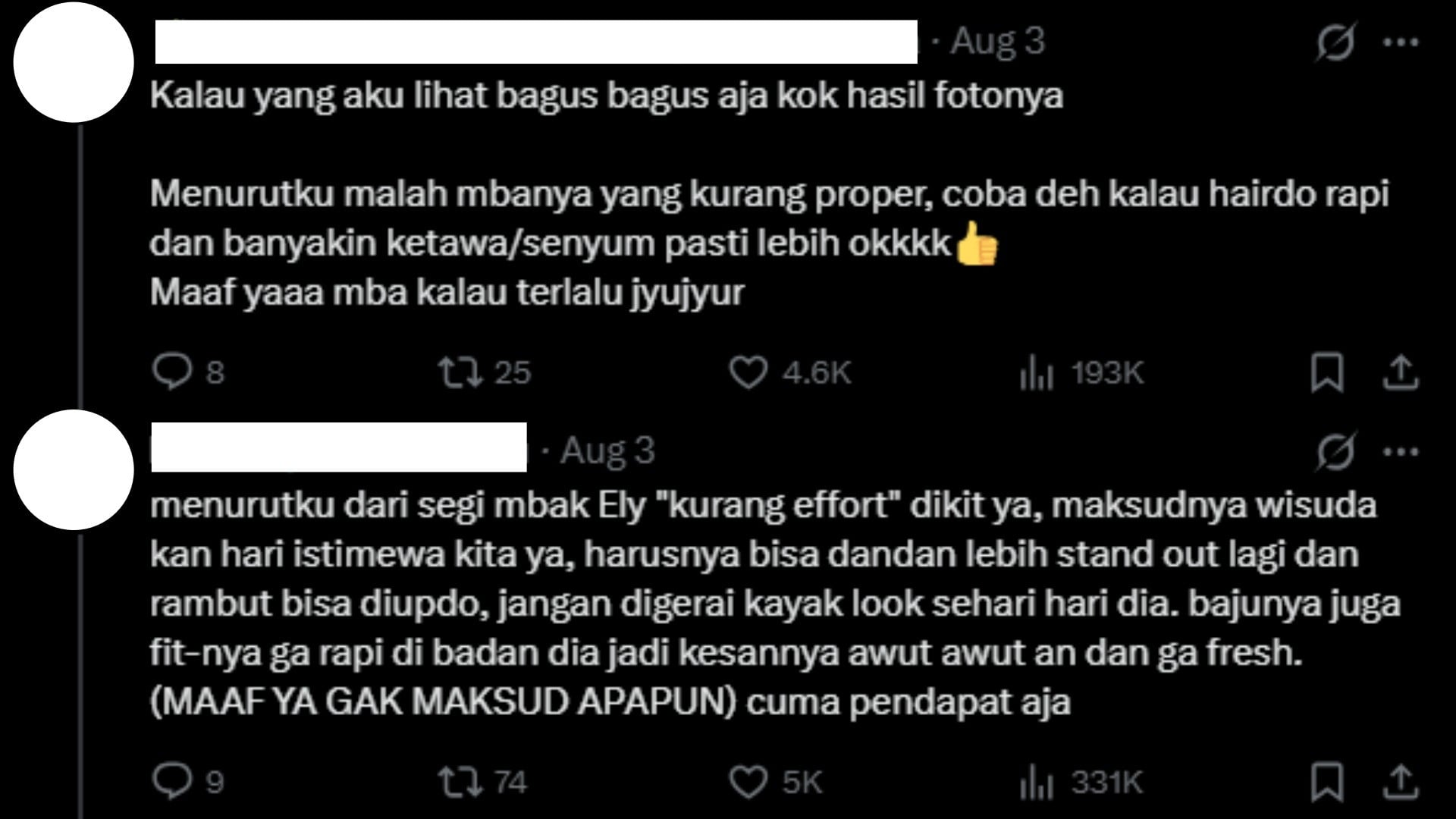 Komentar netizen X terhadap viralitas komplain foto wisuda Ely Sumarni