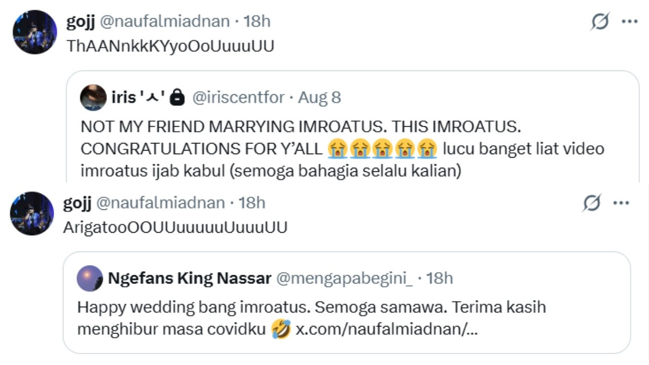 Sosok asli Imroatus mengucapkan terima kasih atas ucapan dan doa dari para warga X untuk pernikahannya.