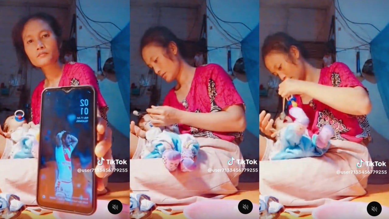 Viral ibu delapan anak di TikTok menyuapi bayi bungsunya yang berusia 4 hingga 6 bulan dengan bubur
