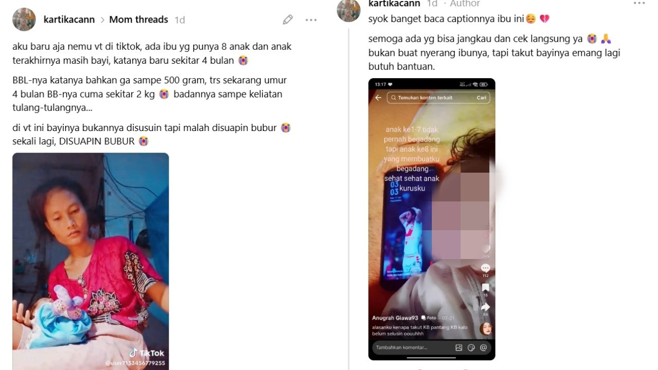 Netizen Threads menyoroti ibu dengan delapan anak dengan bayi bungsu hanya punya berat badan 4 kilogram