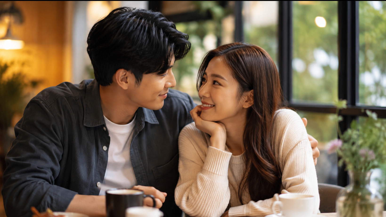 Ilustrasi pasangan saling berpandangan romantis