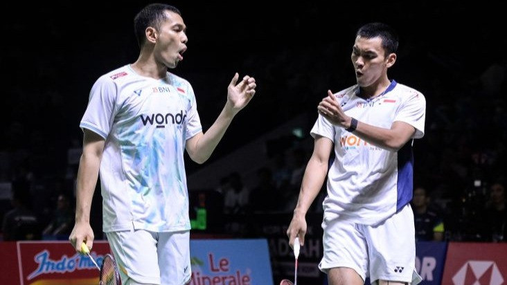 Ganda putra Indonesia Fajar Alfian (kiri) dan Muhammad Shohibul Fikri (kanan)