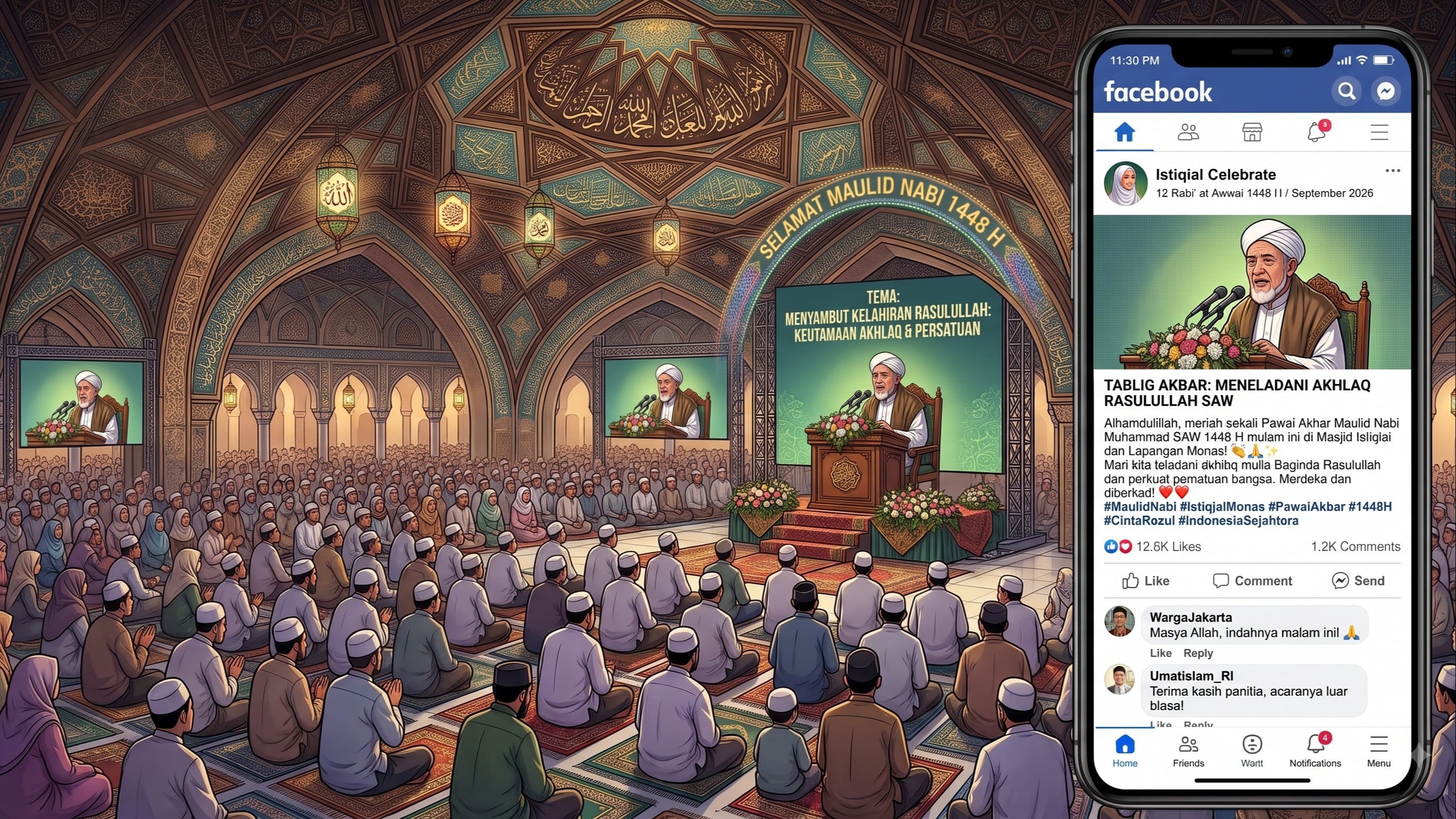 Ilustrasi unggahan Facebook seputar perayaan maulid Nabi Muhammad SAW 1448 H