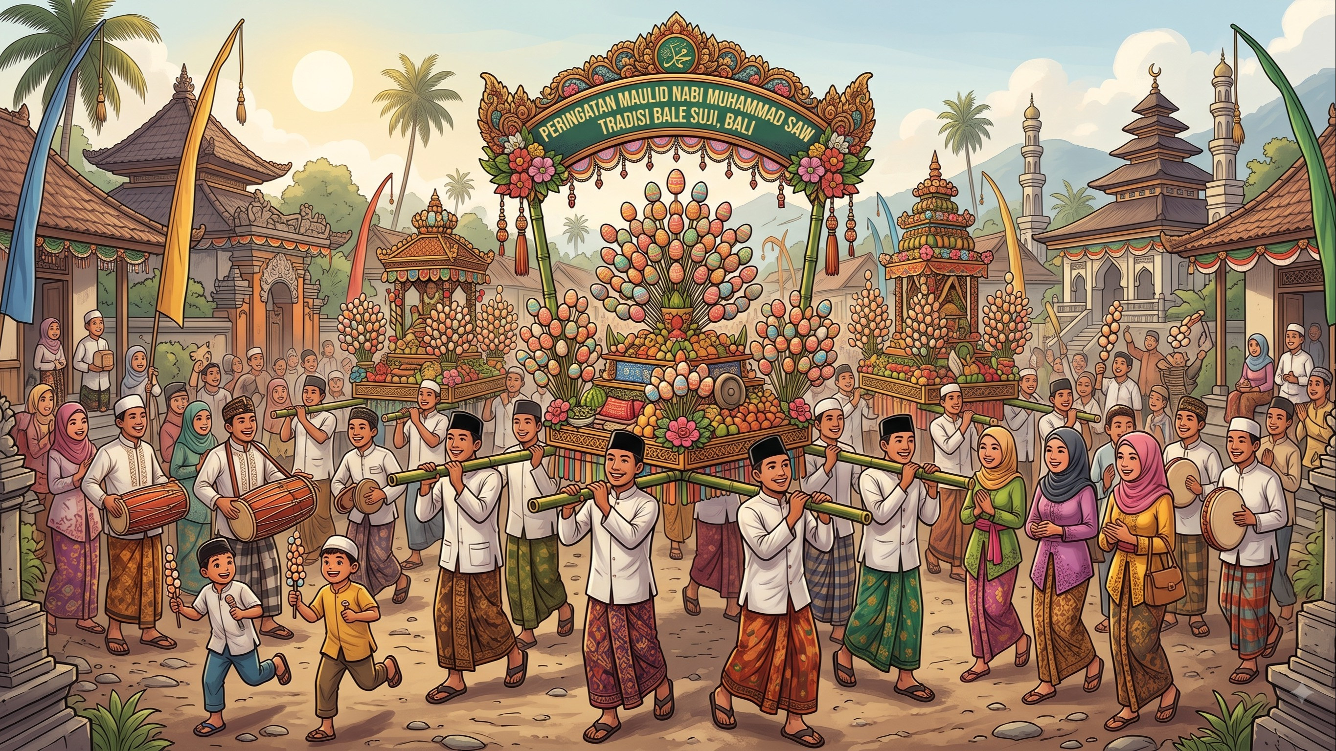 Ilustrasi bale suji, tradisi memperingati maulid Nabi Muhammad SAW di Bali
