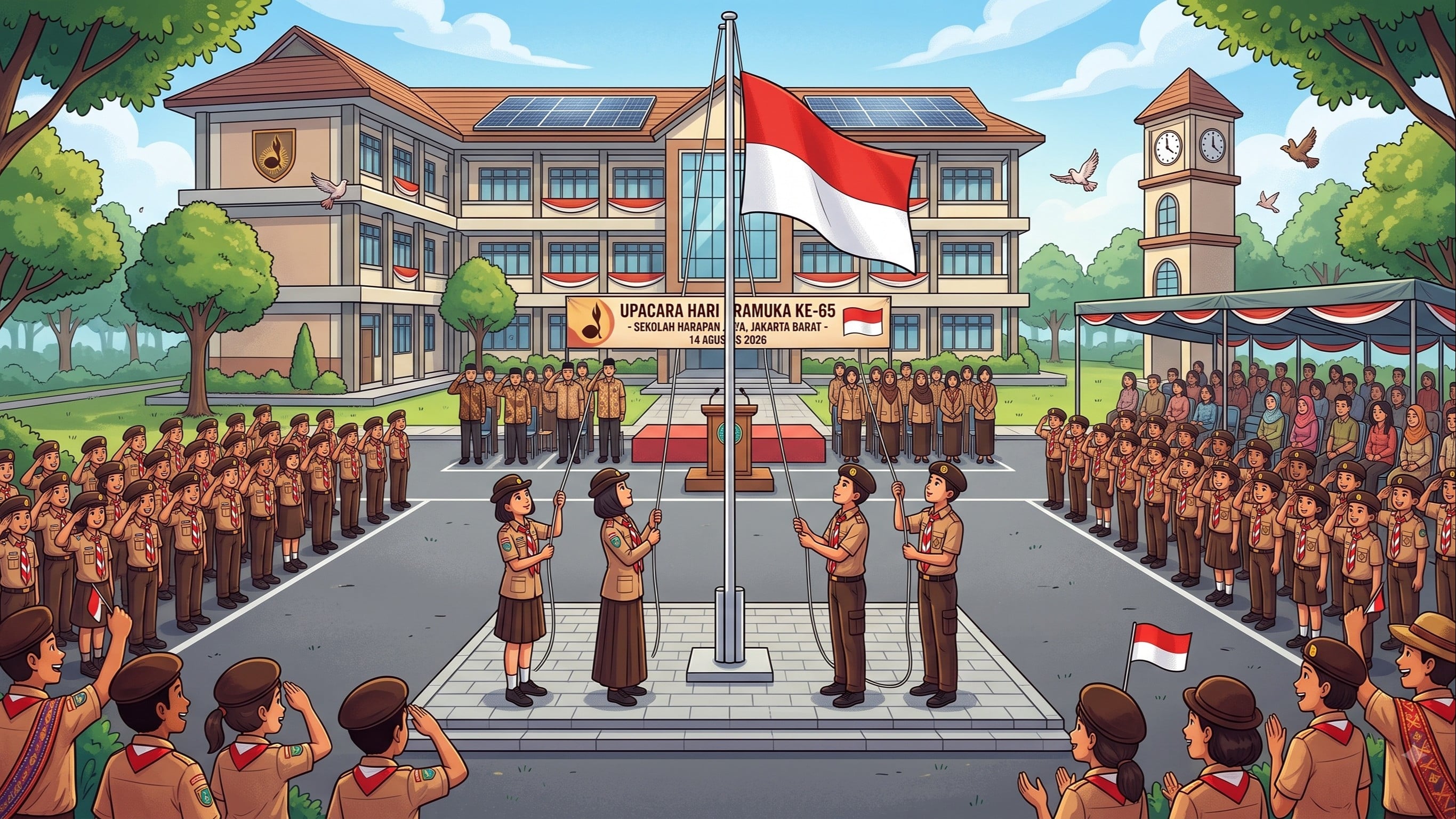Ilustrasi upacara memperingati Hari Pramuka ke-65