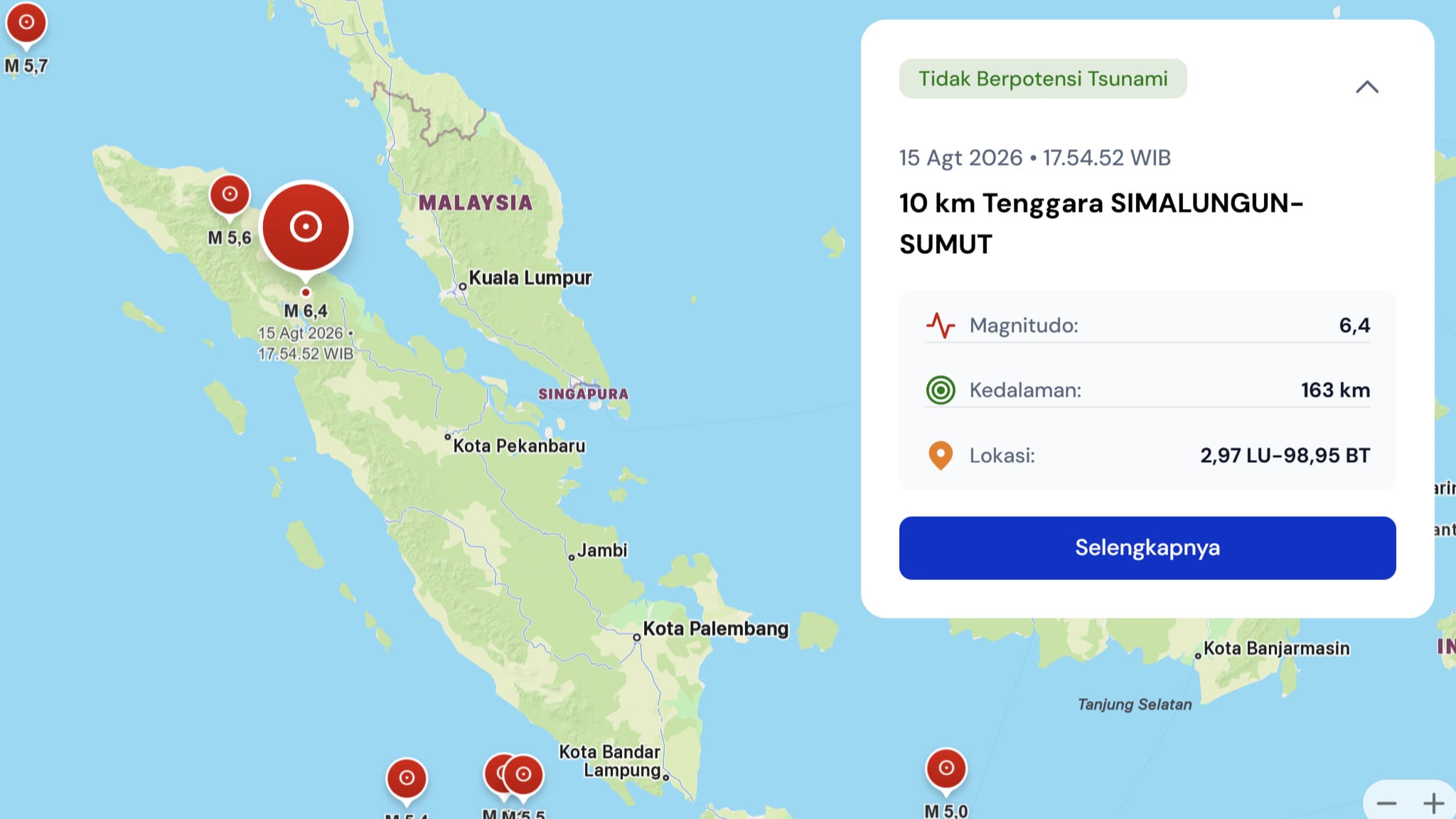 Gempa bumi berkekuatan Magnitudo 6,4 mengguncang wilayah Simalungun, Sumatera Utara, serta terasa sampai ke Provinsi Aceh, Sabtu (15/8/2026).