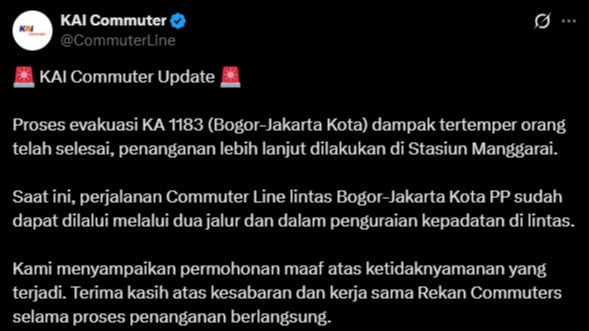 Perjalanan KRL Commuter Line pagi ini kembali normal