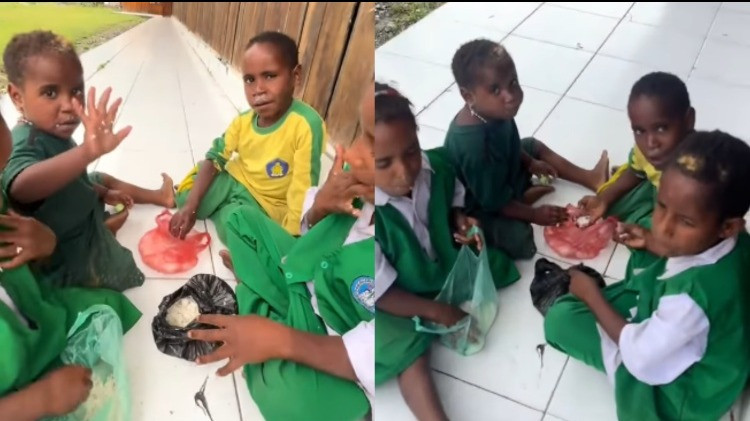 Potret anak-anak Papua tetap tersenyum walau hanya makan nasi diplastikin